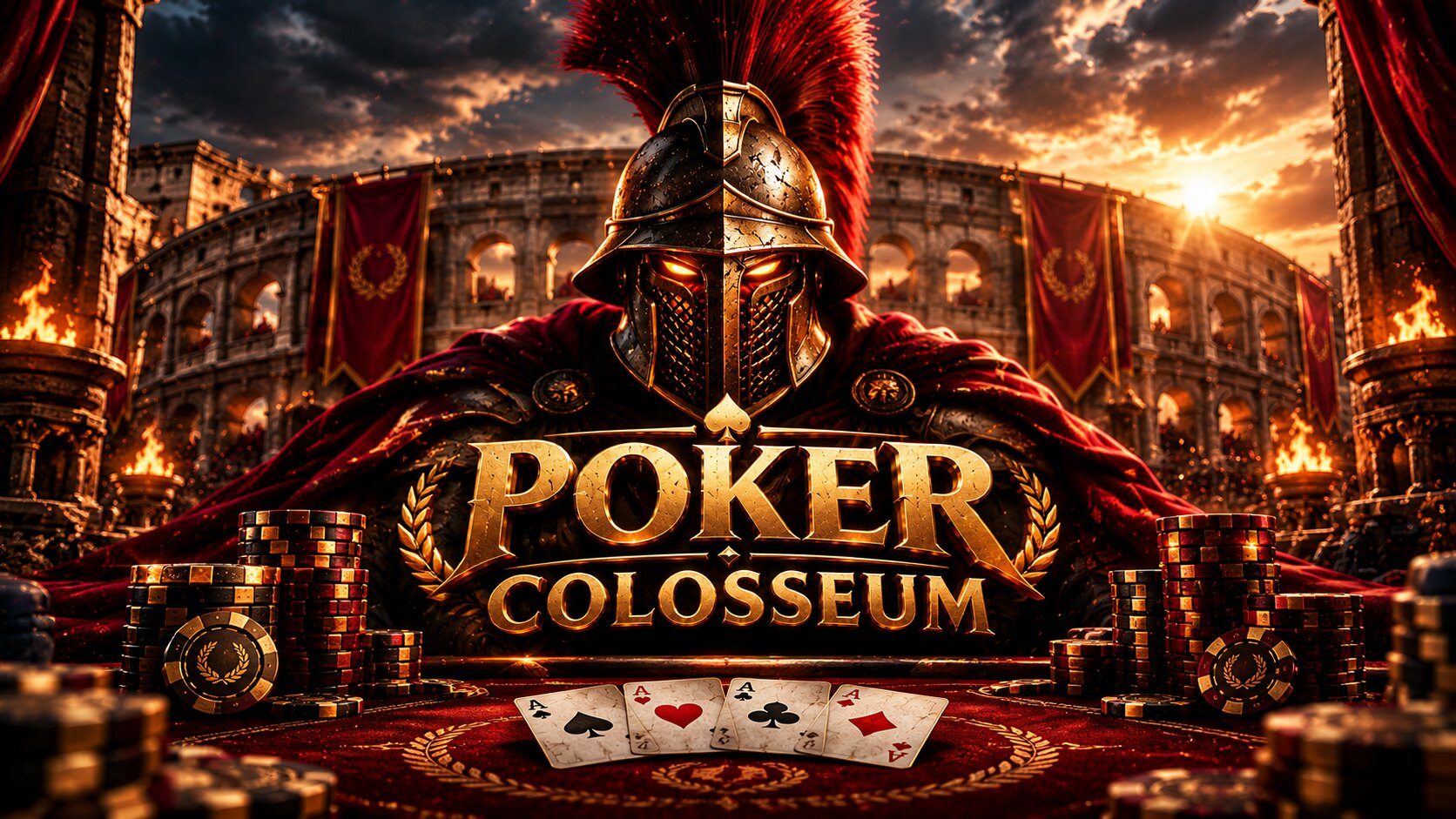 POKER COLOSSEUM: a gladiator in a golden helmet above a poker table with four aces, in front of the Colosseum